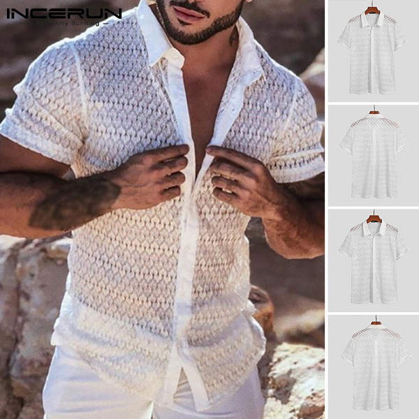 White Men Fashion Short Sleeve Shirts See Through Buttons Up Loose