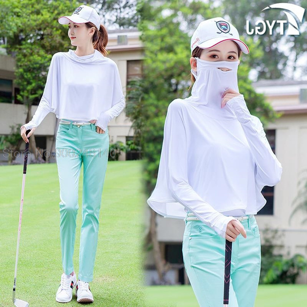 Women Golf Shirt Summer T-Shirts Anti UV Clothes Women Ice Silk Sun  Protection Shirt Ultra-thin Breathable Casual Shirts with Masks