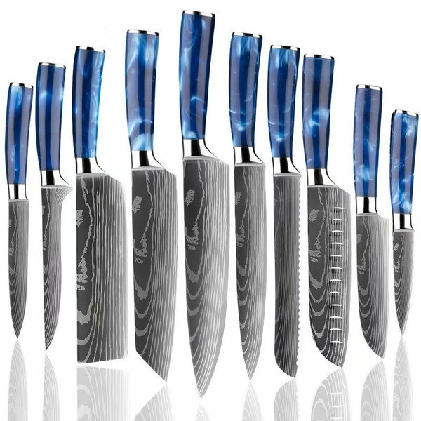 Kitchen Knives Set 1-10pcs Japanese Chef knife Blue Resin Handle 7CR17  Damascus Pattern Santoku Cleaver Slicing Utility Knives