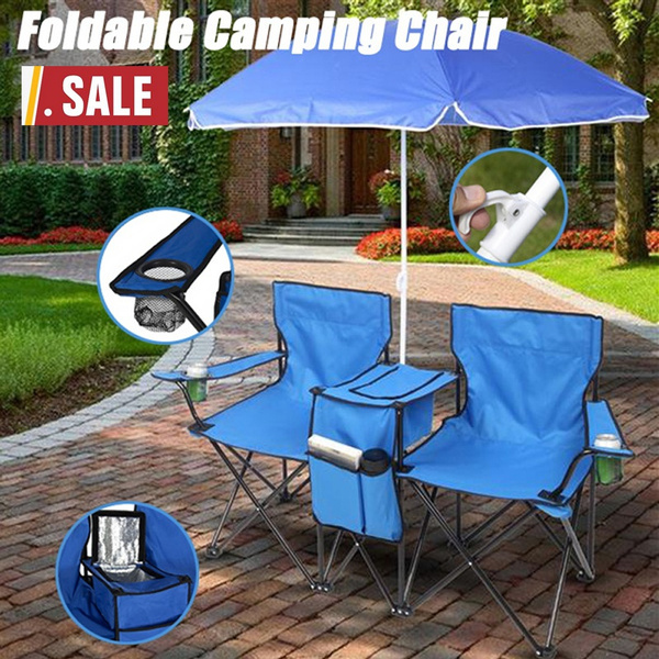 2021 NEW Portable Outdoor Beach Fishing 2-Seat Folding Chair with Sun  Umbrella Medium Small Camping Chair Fishing Folding Chair Blue GT