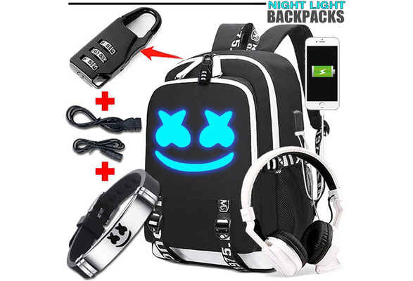 Boy Girl DJ Marshmello Night Light Backpack School Bag Anti Theft Travel Backpack Student Backpacks with USB Charging Port Headphone Port Package Backpack DJ Wristband Safety Lock Wish