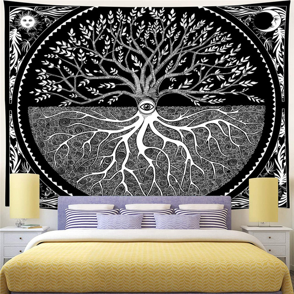 Black and white online tapestry bedroom