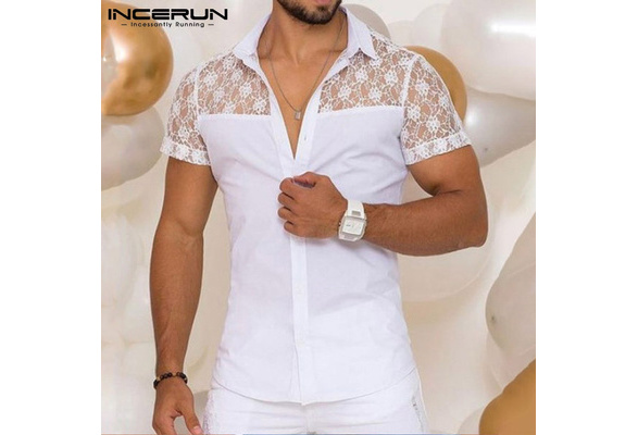 Mens Lace Shirt Summer Tee Tops Patchwork See-through Slim Fit