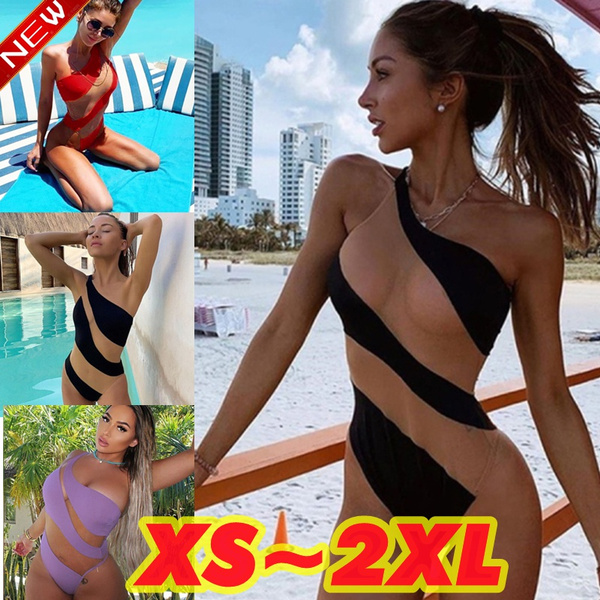 2021 New Style Summer Beach Fashion Bandage Women One Piece Bikini Push-up  Padded Swimsuit Bathing Swimwear Beach Monokini Stripe Skinny One Shoulder  Fashion.maillot De Bain