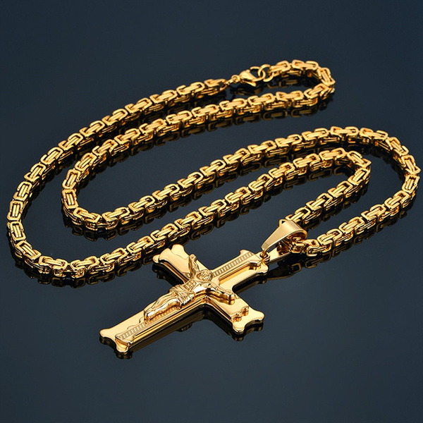 Huge Heavy Stainless Steel 3-Layered Cross Pendant Byzantine Box Chain Necklace 