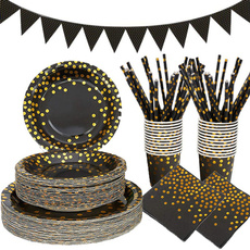 blackandgolddisposabletableware, golden, weddingpartydecor, birthdaypartydecorforkid