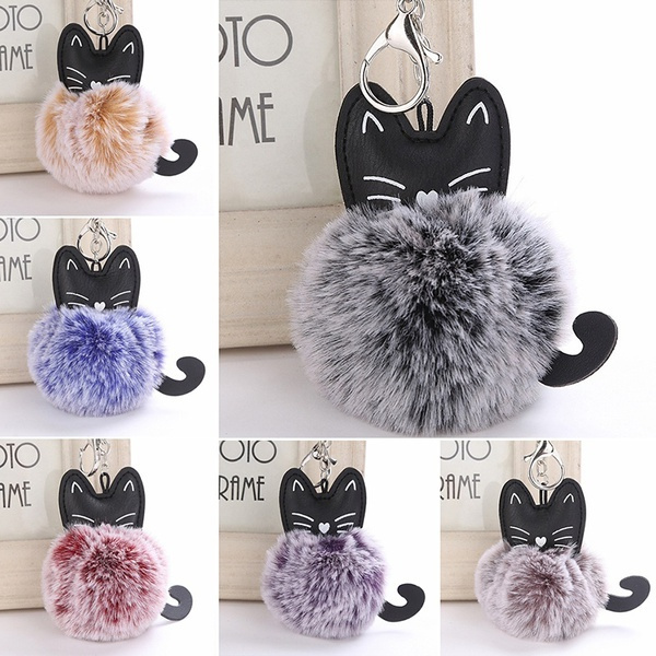 Cute Cat Key Ring Soft Fluffy Faux Fur Handbag Pendant Charm Keychain Black 