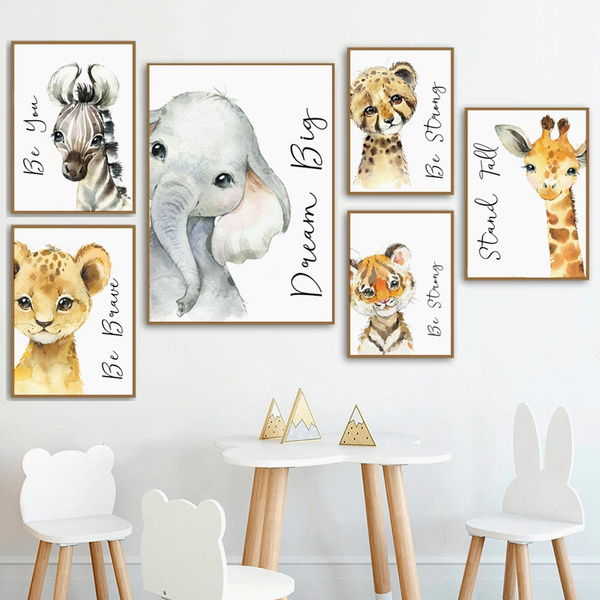 Nordic Watercolor Animal Poster Elephant Tiger Cute Cartoon Kindergarten  Children Room Decorative Painting Baby Room Decor Adorable Frame Not  Include | Wish | Poster