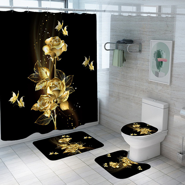 Gold Rose Black Bathroom Set 150/180CM Shower Curtain with Bath Mat Rug  Carpet for Toilet Decor Bathroom Accessories