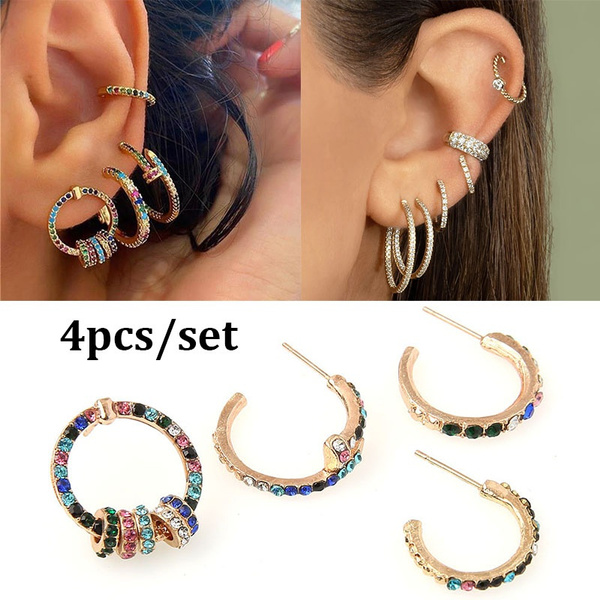 1 Set Color Rhinestone Small Earring Piercing Cartilage Earring Bohemia  Hoop Round C-shape Ear Piercing