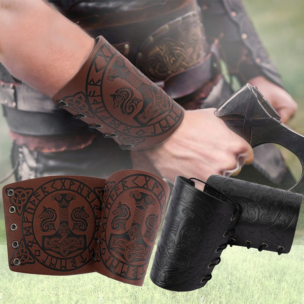 Viking Arm Bracer Embossed Fenrir Mjolnir Leather Arm Armor LARP Gauntlet