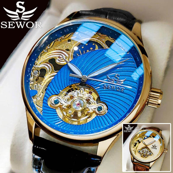 SEWOR Men Luxury Skeleton Mechanical Watch Tourbillon Automatic Watch Moon Phase Genuine Leather Strap Watch Montre M canique