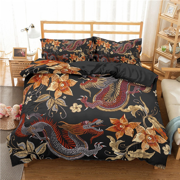 Dragon Print Bedding Set Floral Leaves Duvet Cover with Corner Ties and