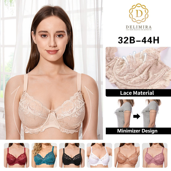 Delimira Women Plus Size Full Coverage Underwired Bra Floral Lace  Non-padded Minimizer Bra for Large Bust