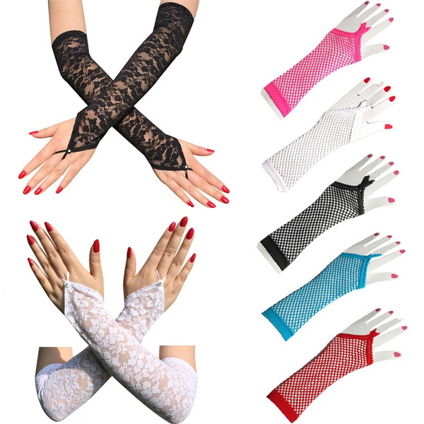 Long Fishnet Gloves Lace Fingerless Glove Half Finger Loop for Women Mesh  Stretchy
