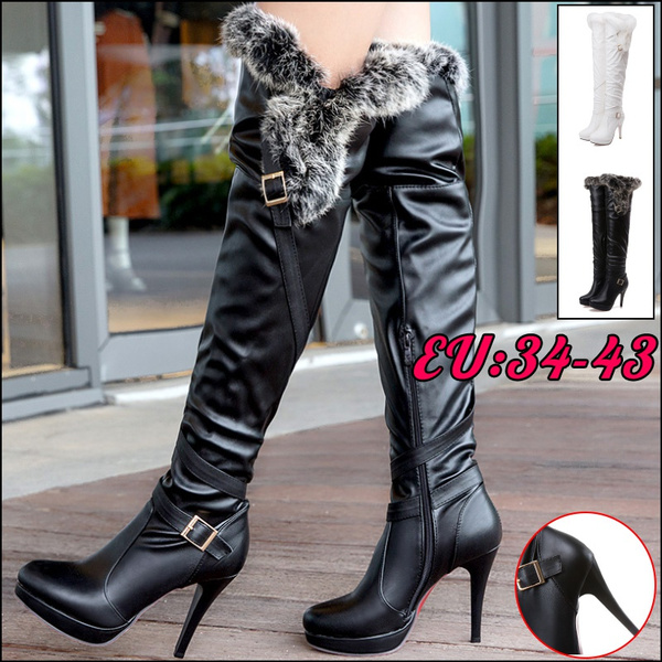 White Fashion Over The Knee Boots Women High Heels Shoes Ladies Thigh High  Boots Winter Fur Leather Long Boots Female Size 43