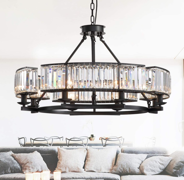 Round Modern Rustic Crystal Chandelier, Hanging Dining Room Lights With Chain