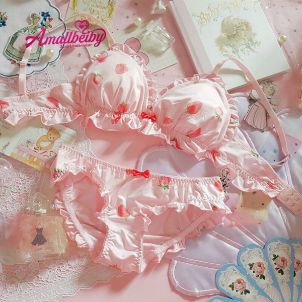 Cute Girl Strawberry Sexi Underwear Set Japanese Milk Silk Wirefree Bra Panties  Set Kawaii Lolita Comfortable Bra and Panty Set