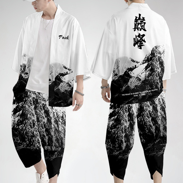 Men Kimono Coat Jacket Top Pants Trousers Outwear Japanese Yukata