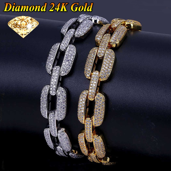 Mens Fashion 24K Gold Plated Solid Stainless Steel Chain Iced Diamond ...