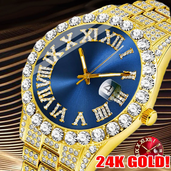 Brand Men Fashion Luxury Gold Watch Full Diamond 24K Plated Gold