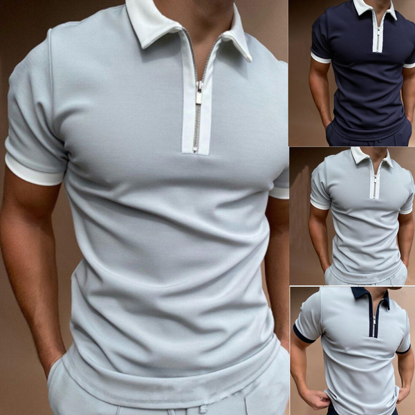 Summer New Polo Shirt for Men with Short Sleeves Zipper Color Matching