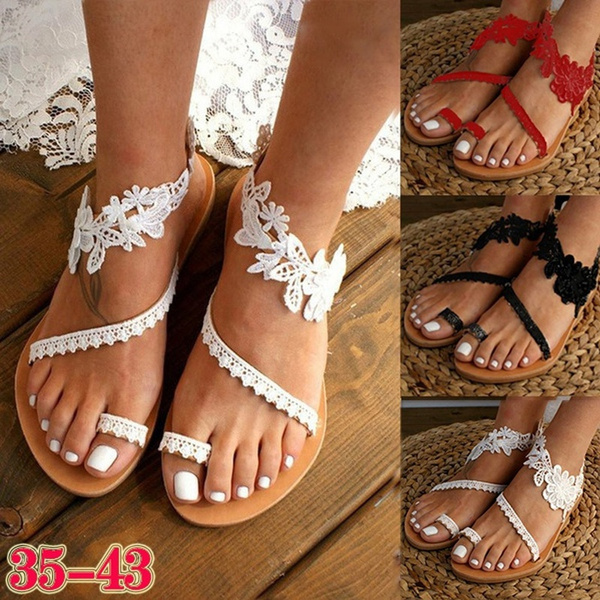 Fashion Women's Summer Lace Flower Flat Sandals White Wedding Sandals Beach Flats Bohemian Sandals Plus | Wish
