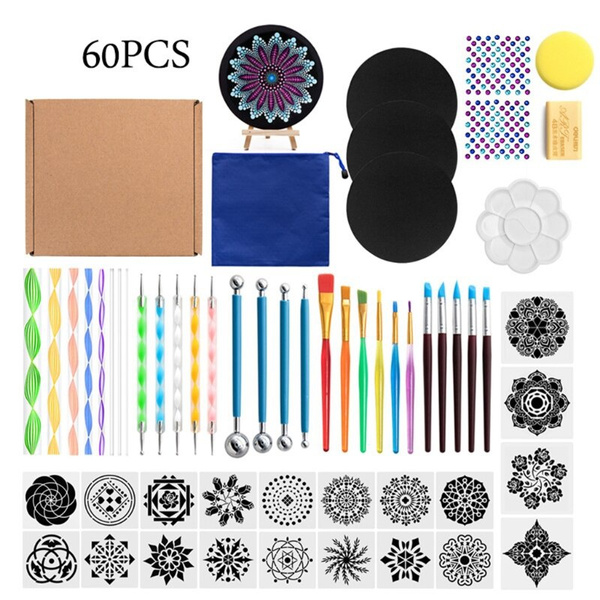 60pcs Mandala Dotting Tools for Painting Rock Stone Stencil Acrylic Stick  Gem Sticker Easel Palette Sponge Kit
