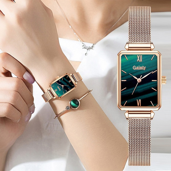 Gaiety Brand Women Watches Fashion Square Ladies Quartz Watch Bracelet Set Green Dial Simple Rose Gold Mesh Luxury Women Watches Wish