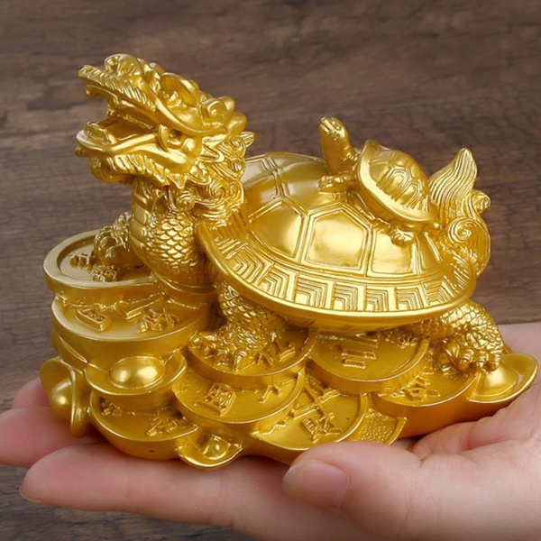 Resin Gold Feng Shui Dragon Turtle Figurine Tortoise Statue Coin Money ...