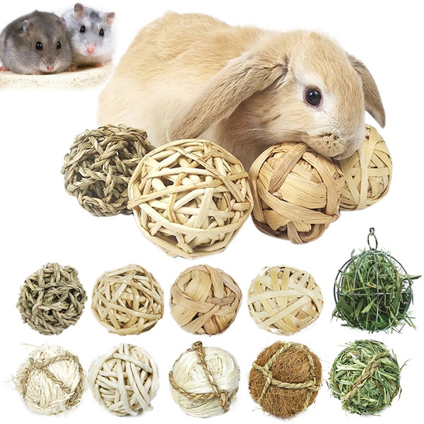 Ogquaton Pet Chew Toy Natural Grass Ball with Bell for Rabbit Hamster Guinea Pig Tooth Cleaning Creative and Useful