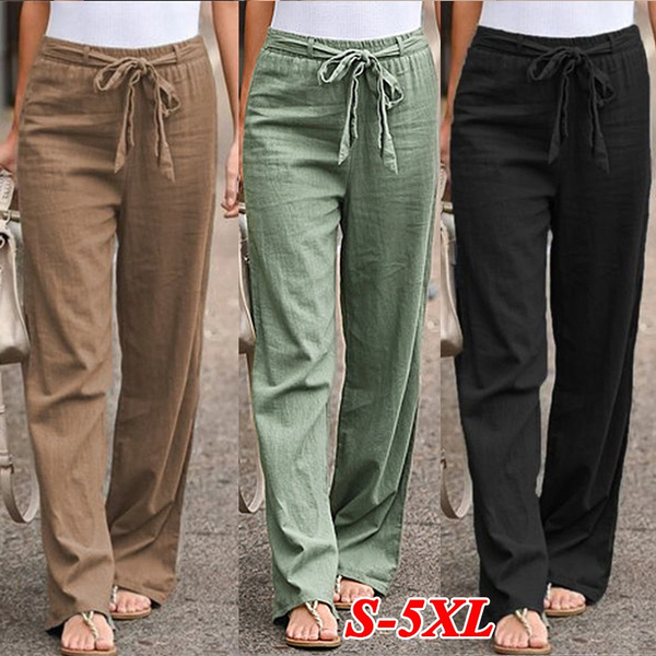 Women's Summer Elastic Waist Solid Color Loose Trousers Wide-leg Yoga Pants  Retro Casual Cotton and Linen Trousers Straight-leg Long Pants Plus Size  S-5XL