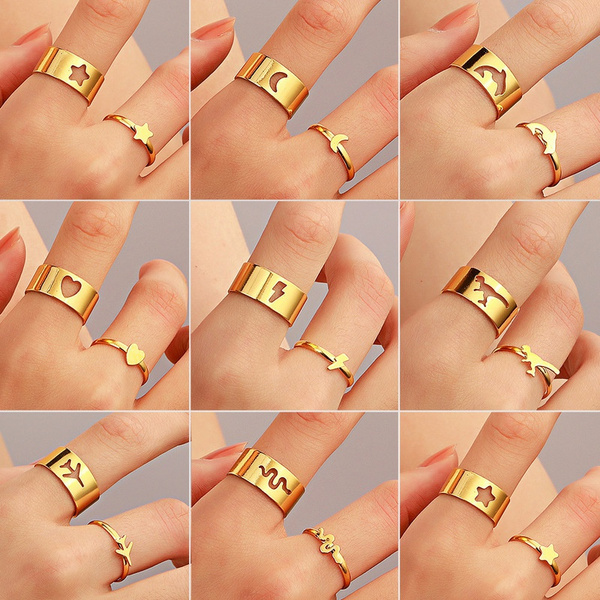  2PCS Colorful Heart Ring Gold Band Rings Set for Women