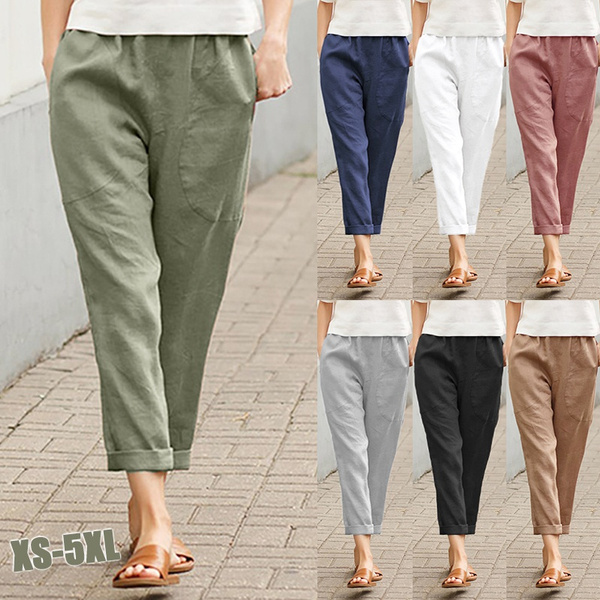 Summer Women New Fashion Pants Big Pocket Loose Plus Size Solid Colors  Cotton Linen Casual Pants Middle Waist Straight Trousers