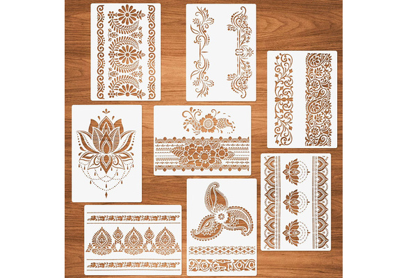 Flower Border Stencils, 8 Pcs Mandala Stencils for Painting on Wood Canvas  Paper Wall Mandala Border Reusable DIY Craft Stencils 8.3x11.8