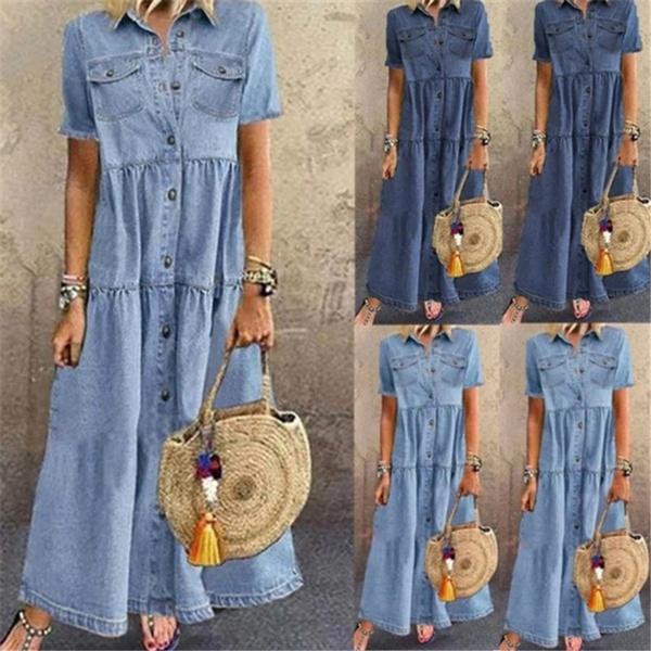 Buy Maxi Denim Dress Hand Painted Jean Dress With Pockets, Collared  Maternity Denim Outfit Relaxed Online in India - Etsy