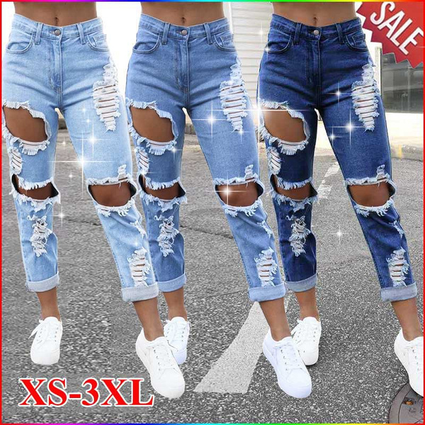 New Women s Fashion Jeans Casual Ripped Jeans Slim Fit Mid Waist Female Hole Broken Jeans Denim Pants Solid Color Trousers Plus Size 3XL