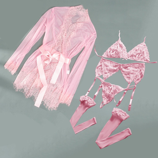 6Pcs Sexy Lingerie Women Lace Bra+ G string+ Garter Belt+Stockings+Robe ...