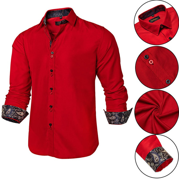 Men's Business Dress Shirts Red Long Sleeve Formal Button-Down Collar ...