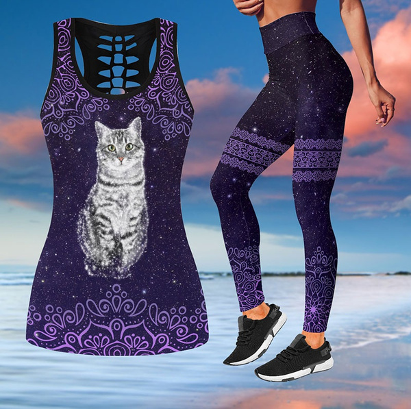 Galaxy Cat Yoga Outfit for Women Fashion 3D Printed Workout Leggings  Fitness Sports Gym Running Lift The Hips Yoga Pants Tank Top Yoga Set