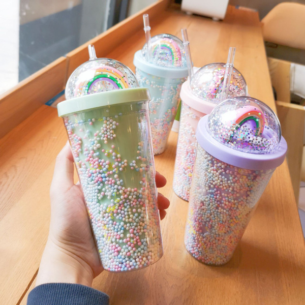 550ML Coffee Juice Plastic Sippy Cup BPA Free Drinking Cup Straw Bottle  Rainbow Water Cup