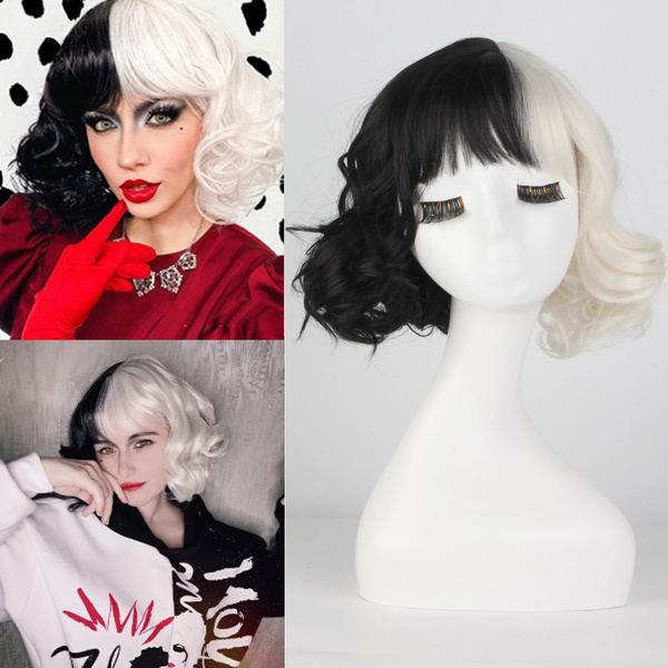 New Movie Wig Half Black And White Wigs For Costume Cosplay Women Girls Short Curly Hair Cute Wigs For Party Halloween Wish