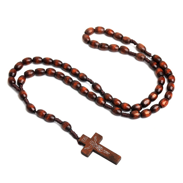 Jesus Christ Cross Necklace With Wood Beads
