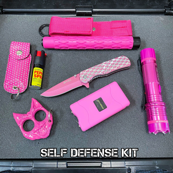 6PC Self Defense Pink Kit Retractable Stick Metal Baton Pocket Knife Knives Stun Gun Flashlight