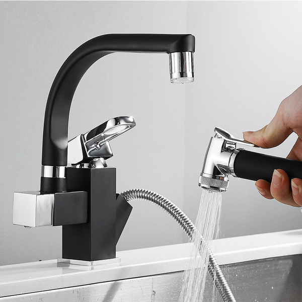Brushed pull out kitchen sink spray mixer tap basin faucet swivel hose spout 