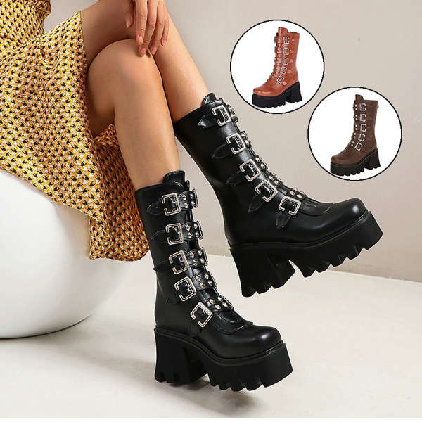Botas De Plataforma Estilo Gotico Punk De Invierno Para Mujer Hebilla Negra  Con Cremallera Zapatos Altos De Moda | Wish
