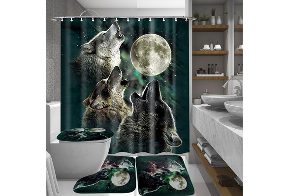 4/3/1 Pcs Bathroom Decor Full Moon Night of Wolf Cool Bathroom Set  Waterproof Shower Curtain Non-Slip Toilet Mat Rugs Set