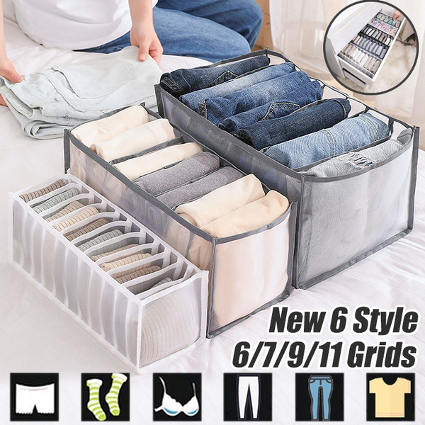 Jeans Compartment Storage Box 6/7/9/11 Grids Foldable Closet Drawer Organizer Grey Clothes Drawer Mesh Separation Box for Bedroom Dorm Pants Jeans T-Shirt 6Pcs Washable Wardrobe Clothes Organizer 