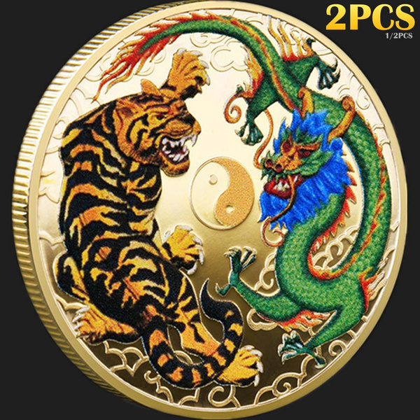 45mm/1.77inch Diameter Chinese Dragon Tiger Souvenir Gold Silver Plated ...