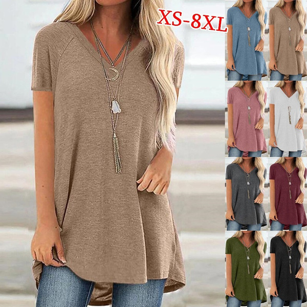 XS-8XL Summer Clothes Women's Fashion Casual Tops V-neck Short Sleeve Shirts  Ladies Solid Color Loose Tunic T-shirt Plus Size Cotton Blouses